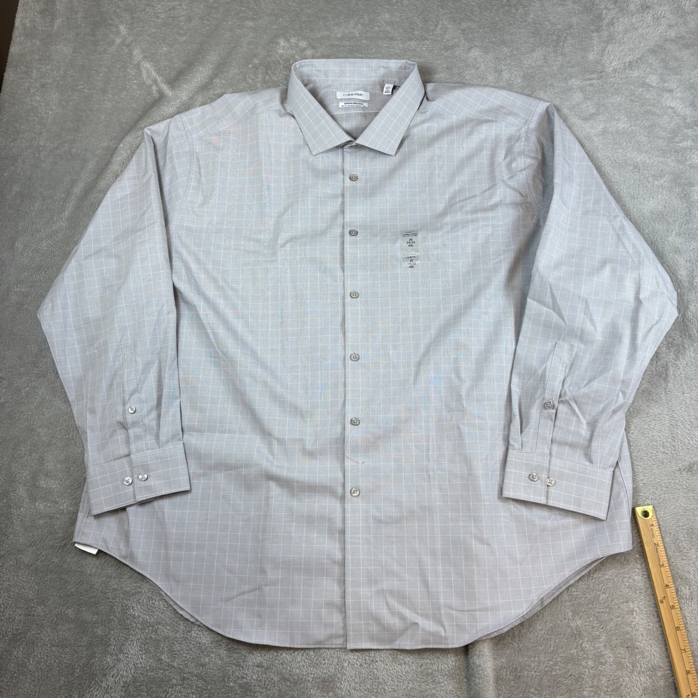 Calvin Klein Shirt Men 4XL Infinite Non Iron Slim Grey Plaid Stretch 20 34/35